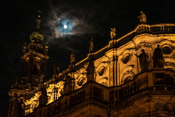 Dresden at night, Saxony, Germany. View of the Catholic Church.
