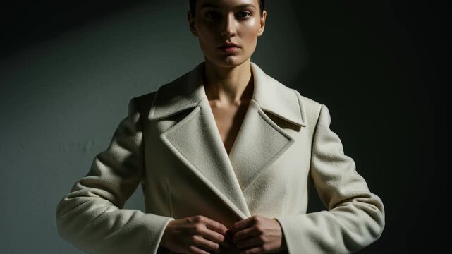 Woman fastens an ivory coat in a low-key studio portrait with deep shadows and neutral background, conveying refined fashion styling and a poised expression for editorial and commercial apparel presen