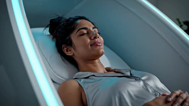 Attractive Indian woman relaxing peacefully inside a futuristic health and wellness pod illuminated by neon blue lights, perfect for high-tech medical procedures and luxury spa advertisements.
