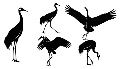 Fototapeta premium Crane bird silhouette icon set, black and white illustrations of elegant crane poses in flight and feeding