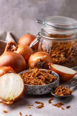 Bowl with chopped fried crispy onions