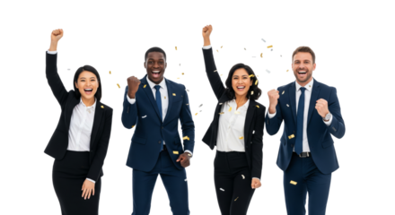 Happy business team celebrating success isolated on white or transparent background