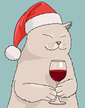 Сute Fluffy Fat in a Christmas Santa Hat Holding a Glass of Red Wine Isolated on a Light Blue Background