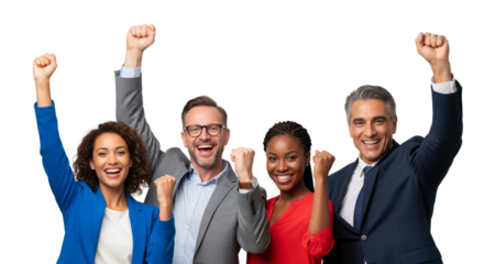 Happy business team celebrating success isolated on white or transparent background