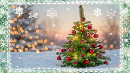 Christmas background with xmas tree, Christmas red decoration and sparkle bokeh lights on green background. Merry Christmas greeting card. Winter holiday theme. Happy New Year. Space for text