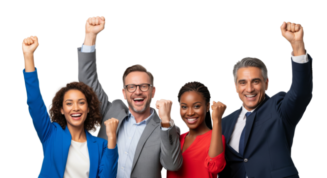 Happy business team celebrating success isolated on white or transparent background - Powered by Adobe