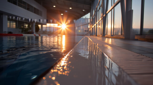 Indoor swimming pool, dramatic sunset rays, calm atmosphere display, architectural space visual, warm emotional light, peaceful sports environment, aquatic facility setting, defocu - Powered by Adobe