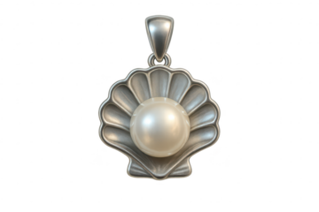 Elegant silver shell pendant with a beautiful pearl, isolated on transparent background