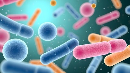 Conceptual illustration of diverse microorganisms, including bacteria and viruses, showcasing microbial activity and health science