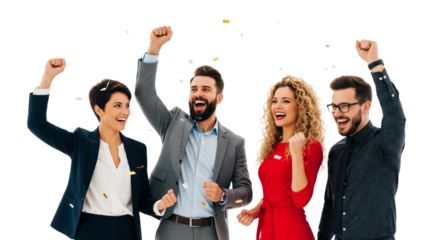 Happy business team celebrating success isolated on white or transparent background