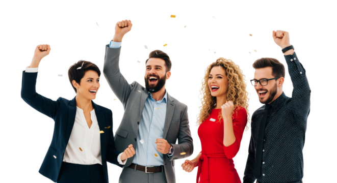Happy business team celebrating success isolated on white or transparent background - Powered by Adobe