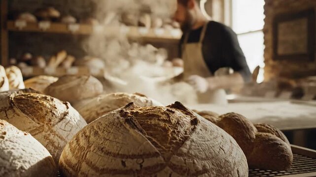 Extreme close-up shot of hot, crusty sourdough bread loaves resting on a cooling rack with steam rising dramatically, framed by a baker in the background, perfect for culinary content videos.