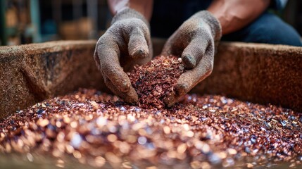 Closeup of hands shaping recycled copper alloy highlighting sustainable recycling processes in ecofriendly metal production.