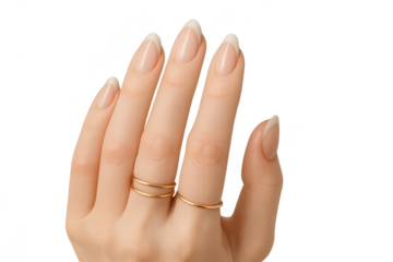 Female hand with elegant french manicure and gold rings, isolated on transparent background