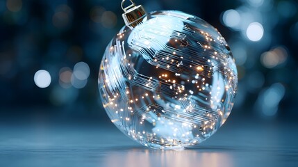 Holographic Christmas sphere containing glowing digital circuits with floating sparkles and a refined soft-focus holiday backdrop