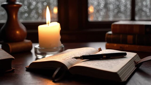 Close-up on a vintage journal and fountain pen, lit by a flickering candle near a rainy window, perfect for historical dramas and creative writing promotions.
