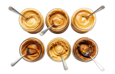 Jars of different tasty nut butters like peanut almond isolated on transparent background, png