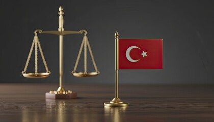 Justice and National Identity: The Scales of Justice stand alongside the flag of turkey, symbolizing the nation's legal principles and national pride. The image speaks of the intersection between law.