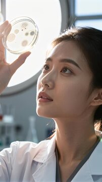 Woman examines petri dish against a bright laboratory window while studying microbial colonies and scientific samples. Clean background offers copyspace and space for text or design elements in editor