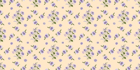 A soft seamless pattern featuring scattered clusters of purple/lavender flowers and small matching blooms/leaves, rendered in a gentle watercolor style on a pale beige background. © Svitlana Kulibaba 