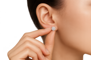 Woman putting on sparkling diamond stud earring, isolated on transparent background.