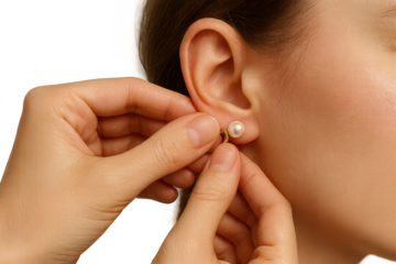 Woman putting on an elegant pearl earring, isolated on a transparent background.