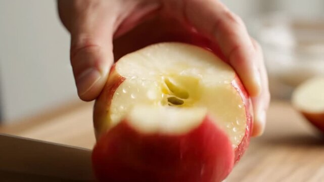 Hand slicing fresh red apple on wooden board in kitchen