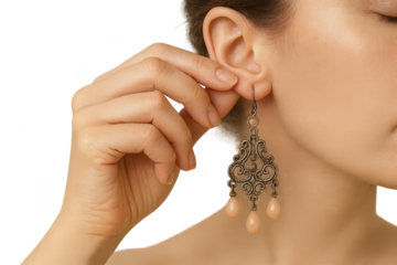 Woman's hand adjusting a decorative earring, isolated on a transparent background