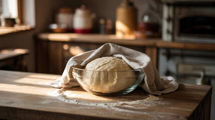 Pizza dough rises on the counter in a bowl