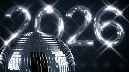 Glittering New Year's Eve celebration with a disco ball and the year 2026 displayed