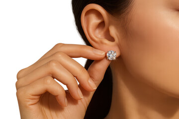 Woman's hand with sparkling diamond stud earring, isolated on transparent.