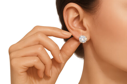 Woman attaching diamond stud earring, isolated on transparent background.