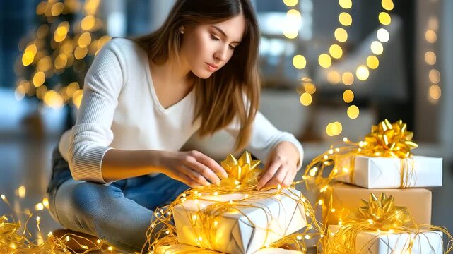 A person wrapping Christmas presents on the floor, tape stuck to their fingers, looking stressed. Warm fairy lights background.