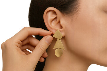Elegant woman adjusting modern geometric gold earring, isolated on transparent background