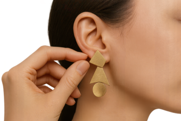 Elegant woman adjusting modern geometric gold earring, isolated on transparent background