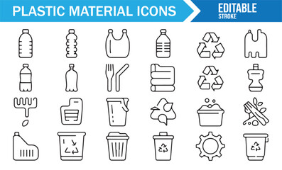 Recycling and Plastic Material Line Icons Featuring Waste Bins, Packaging, Containers, and Eco Symbols