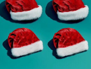 Four traditional red Santa hats with white fur trim are arranged in a grid over a teal background. Classic Christmas concept with symmetry and rich texture.