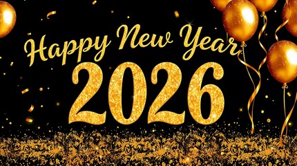 Celebrate the dazzling arrival of 2026 with stunning gold glitter text and elegant festive balloons