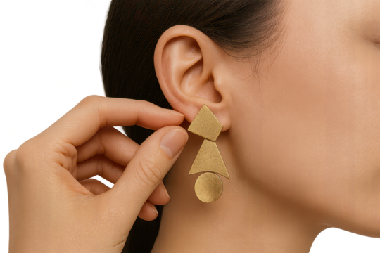 Elegant woman adjusting modern geometric gold earring, isolated on transparent background - Powered by Adobe