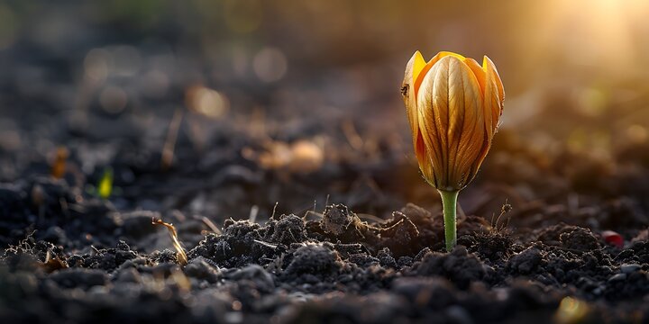 Young flower bud sprouting from soil in sunrise light