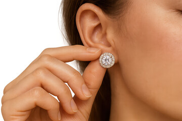 Woman's hand adjusting a sparkling diamond earring, isolated on transparent background.