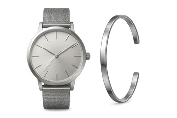 Elegant silver watch and cuff bracelet isolated on transparent background