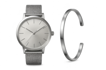 Elegant silver watch and cuff bracelet isolated on transparent background