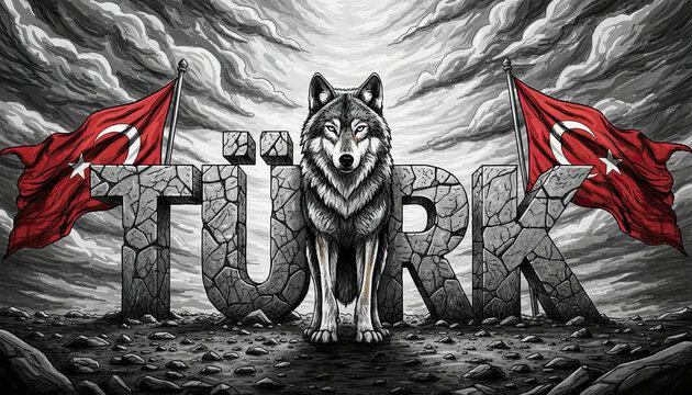National Pride and Heritage: A captivating artwork featuring a majestic wolf, symbolizing strength and resilience, standing proudly before the word T&Uuml;RK carved in stone.