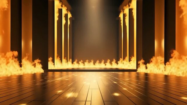 Golden stage with columns and fire backdrop  