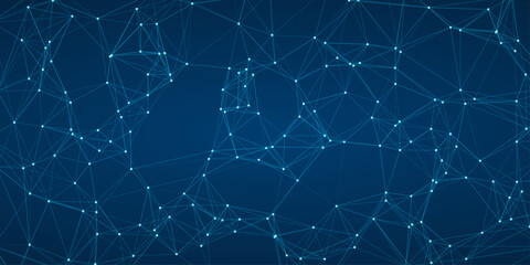 Obraz premium Vibrant blue abstract network of interconnected nodes and lines creating a dynamic digital web pattern on a deep blue background, ideal for technology and science themes 