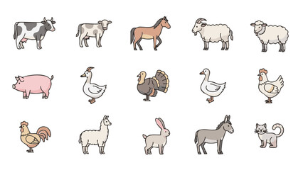 Fototapeta premium Flat vector set of 15 outlined farm animals with soft color fills including cow, calf, horse, sheep, goat, pig, duck, goose, turkey, chicken, rooster, llama, rabbit, donkey and barn cat