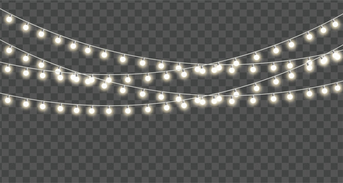 String of glowing warm fairy lights or christmas lights hanging in curved lines