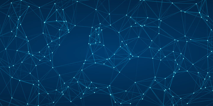 Vibrant blue abstract network of interconnected nodes and lines creating a dynamic digital web pattern on a deep blue background, ideal for technology and science themes 