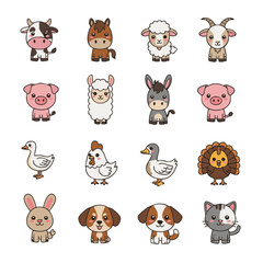 Fototapeta premium Cute flat kawaii vector set of 15 farm animals including cow, horse, sheep, goat, pig, llama, donkey, goose, duck, turkey, chicken, rooster, rabbit, dog and cat, isolated on white background